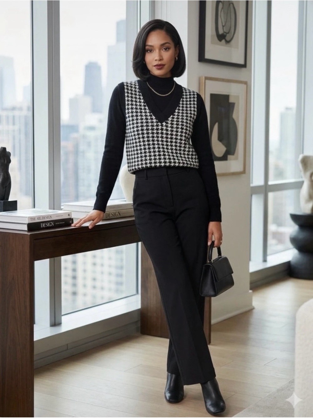 BCX Black and White Houndstooth Knit Vest. Size: M